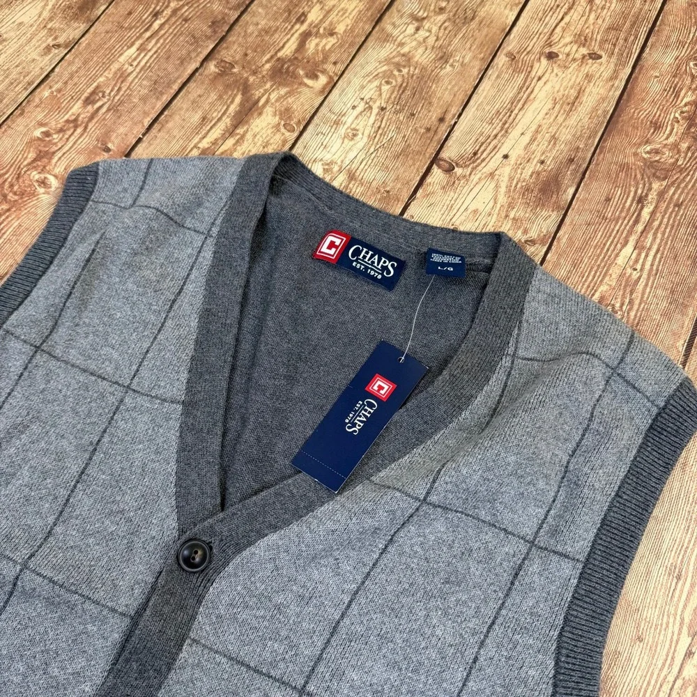 Chaps Big Sky Sweater Vest Mens Large Gray Windowpane Cotton Button Front NWT